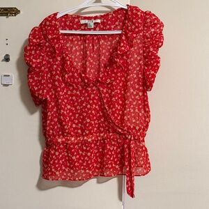 Red Floral Ruffle Blouse